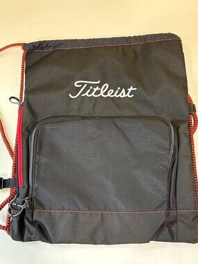 Titleist Black Drawstring Backpack With Red Rope Straps & Front Zipper Pocket